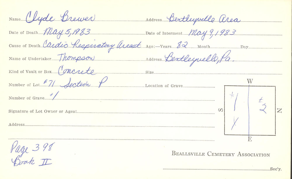 Clyde Brewer burial card